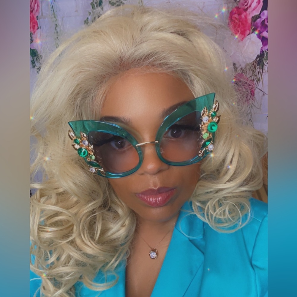 Blue cat eye butterfly rhinestone bling embellished sunglasses. - Picture 3 of 15